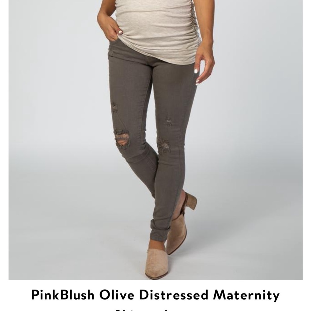 Pinkblush distressed olive green maternity jeans